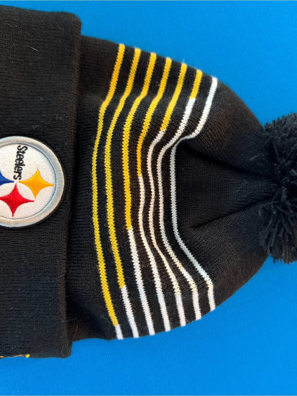 Black Pom Beanie with Yellow & White Stripes - Official Steelers